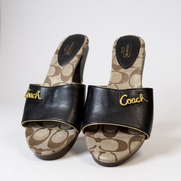 Coach Kathie Dark Brown Leather Logo Slide Sandals Size 8B (Style F2370) - Picture 1 of 6